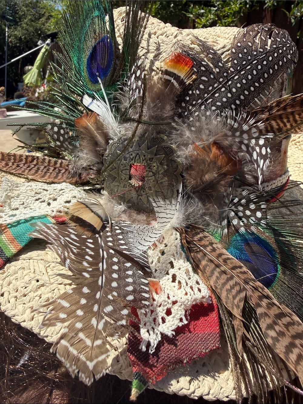 Custom straw cowboy hat w Peacock,feathers leather ,vintage cloth, card sheriff - Picture 6 of 17